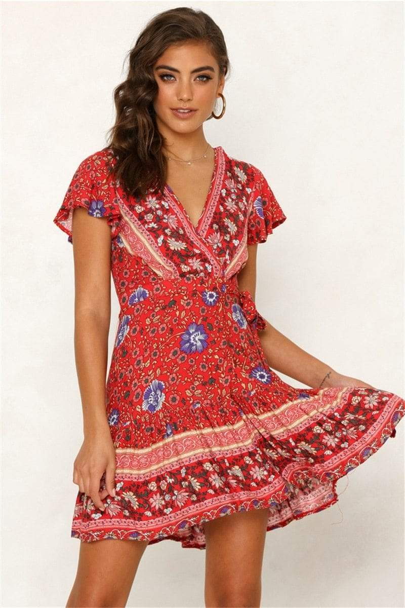 Red Boho Floral Mini Dress | Wrap ...